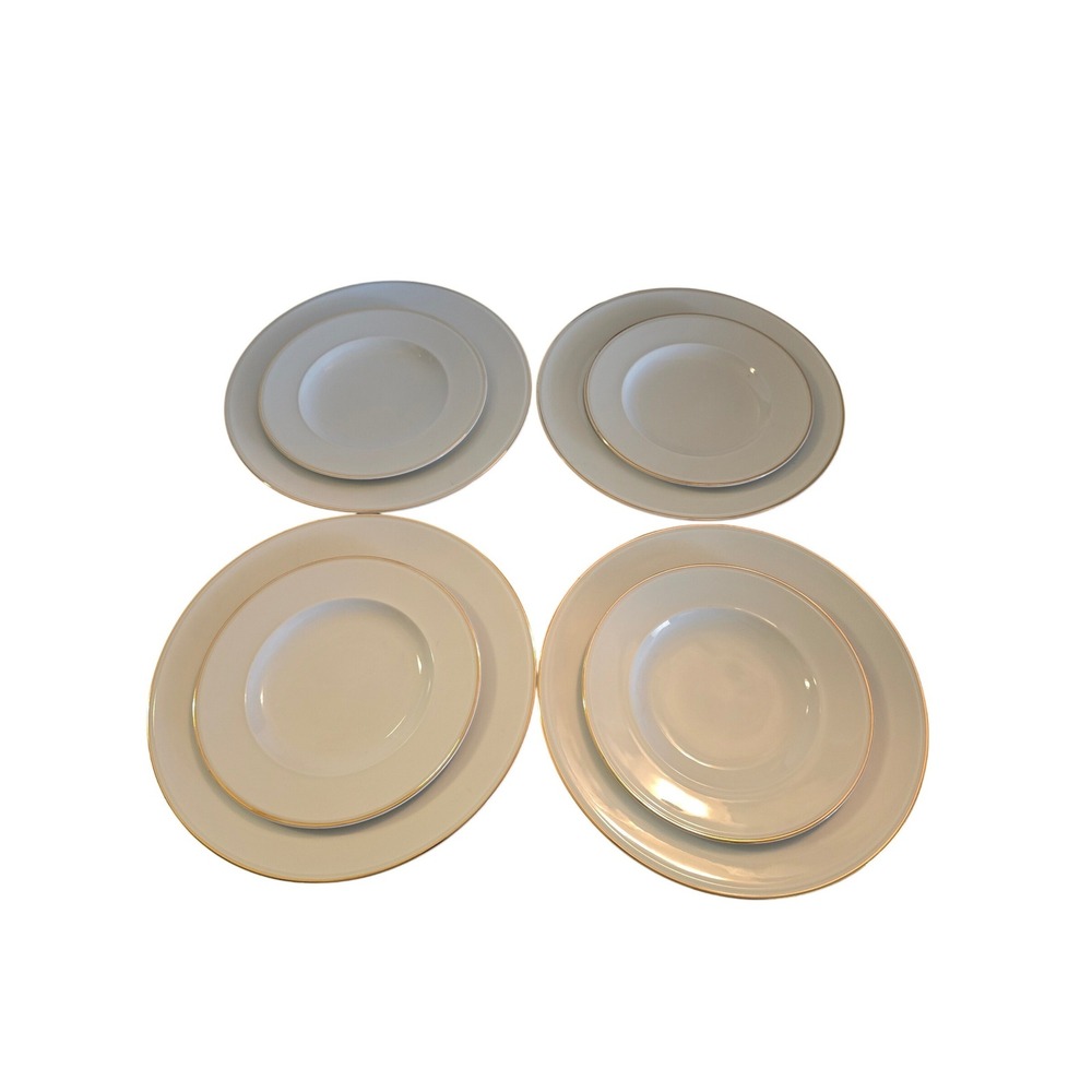 Pottery‎ Barn Japan White Gold Rim Porcelain Dinner Salad Plate Set 8 Piece